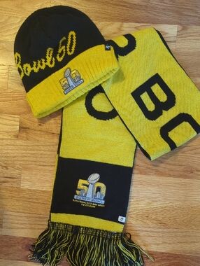 Super Bowl 50 Black & Yellow Knit Beanie and Scarf Set